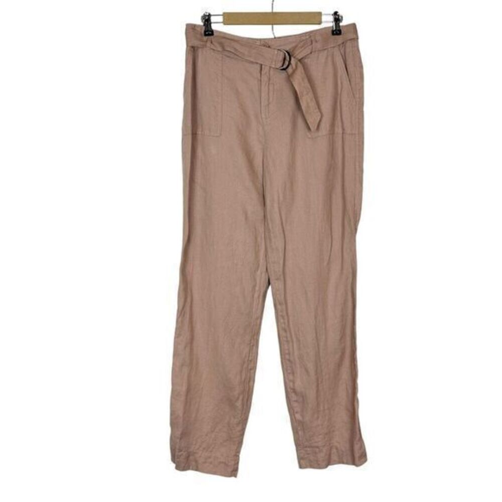 Tahari Pants Womens Size 12 Tan Belted High Waist Wide Leg Linen Paper Bag Large